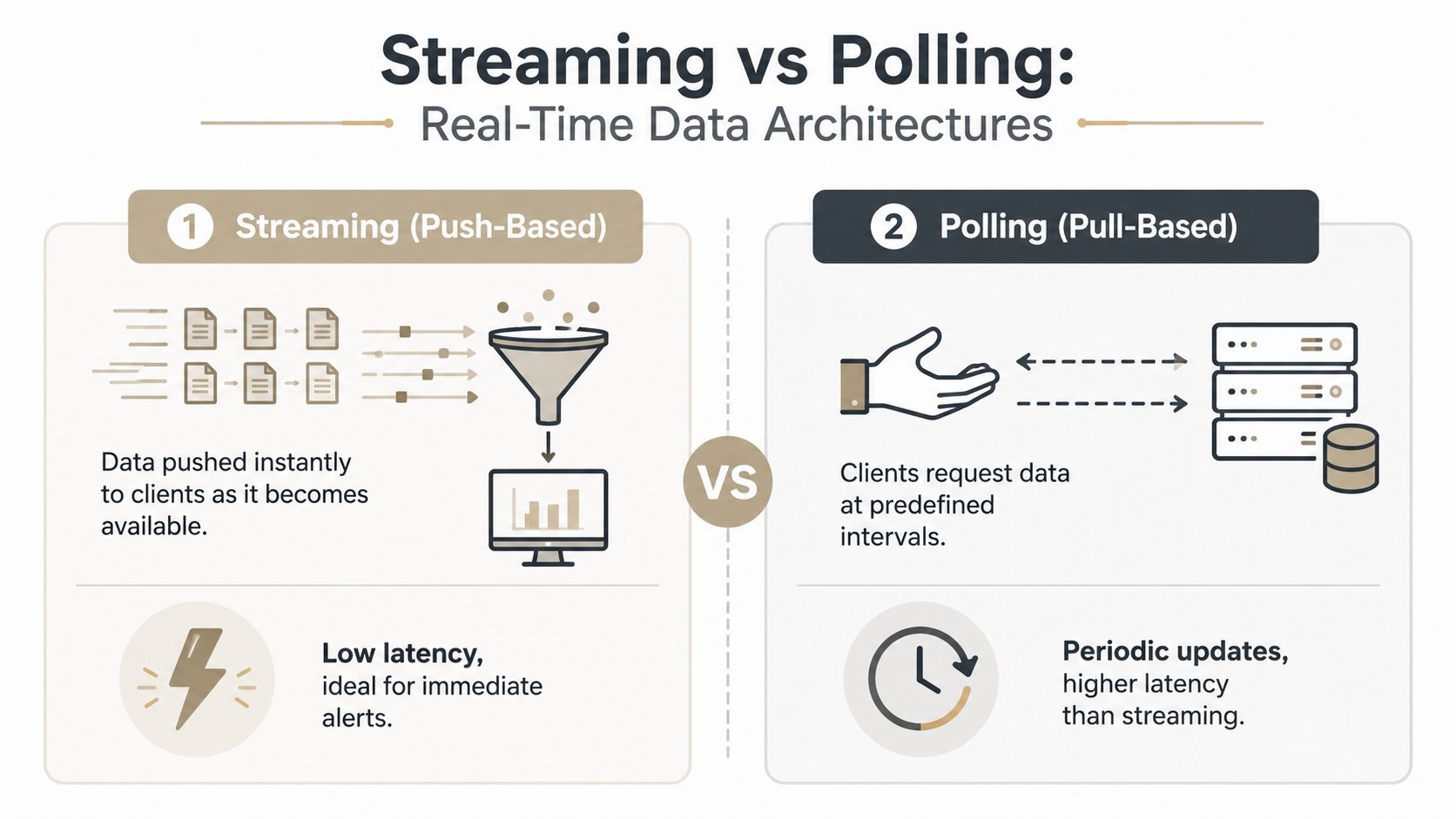 A diagram comparing streaming, a push-based data architecture, with polling, a pull-based data architecture.