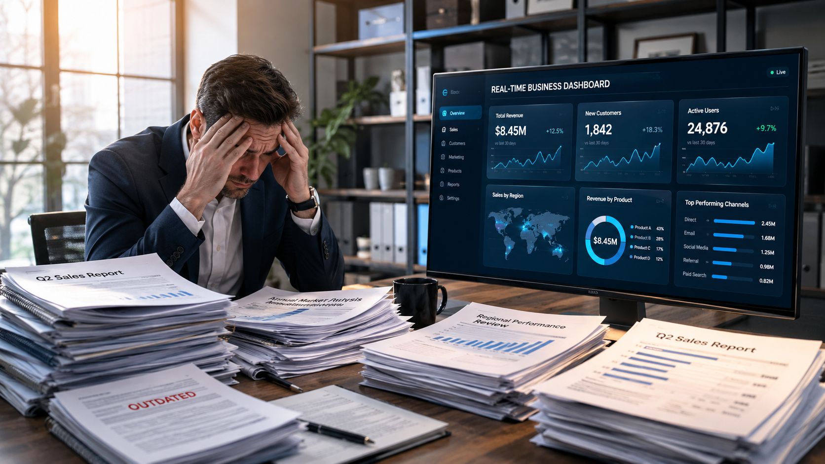 A stressed businessman sits at an office desk surrounded by stacks of paperwork and a data dashboard.