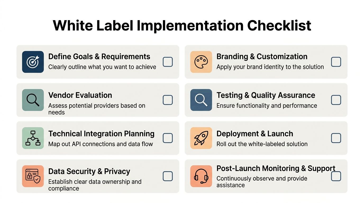 A checklist for white label implementation projects showing eight essential steps for successful deployment and integration.
