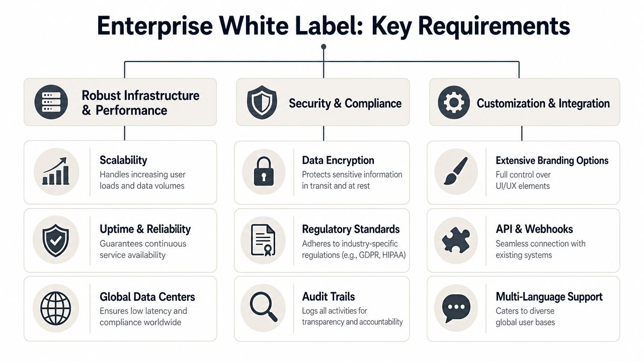 A diagram outlining the key requirements for enterprise white label solutions, including infrastructure, security, and customization.